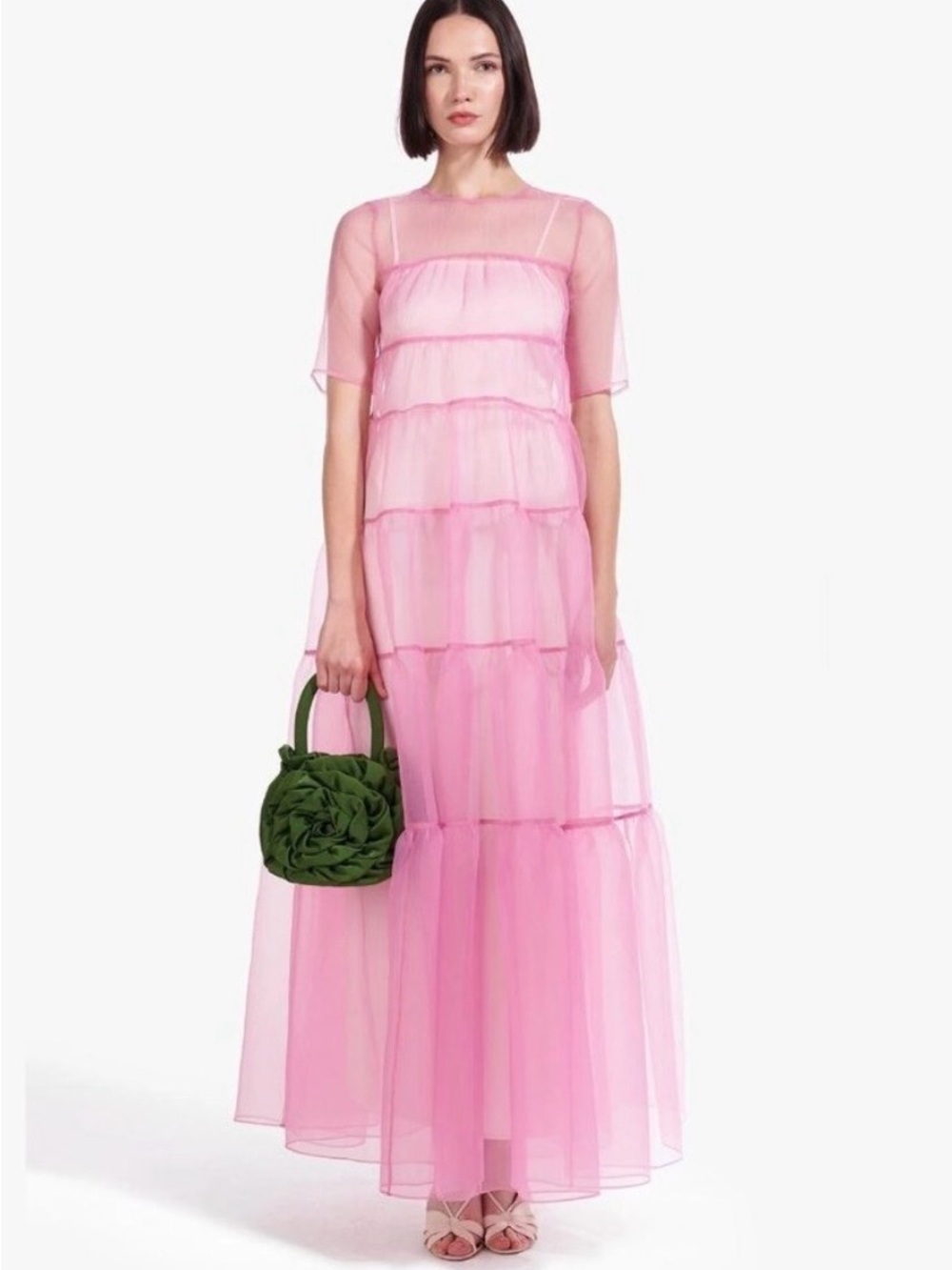 Staud Hyacinth Short-Sleeve Tiered Organza Maxi Dress Size M New With Defects